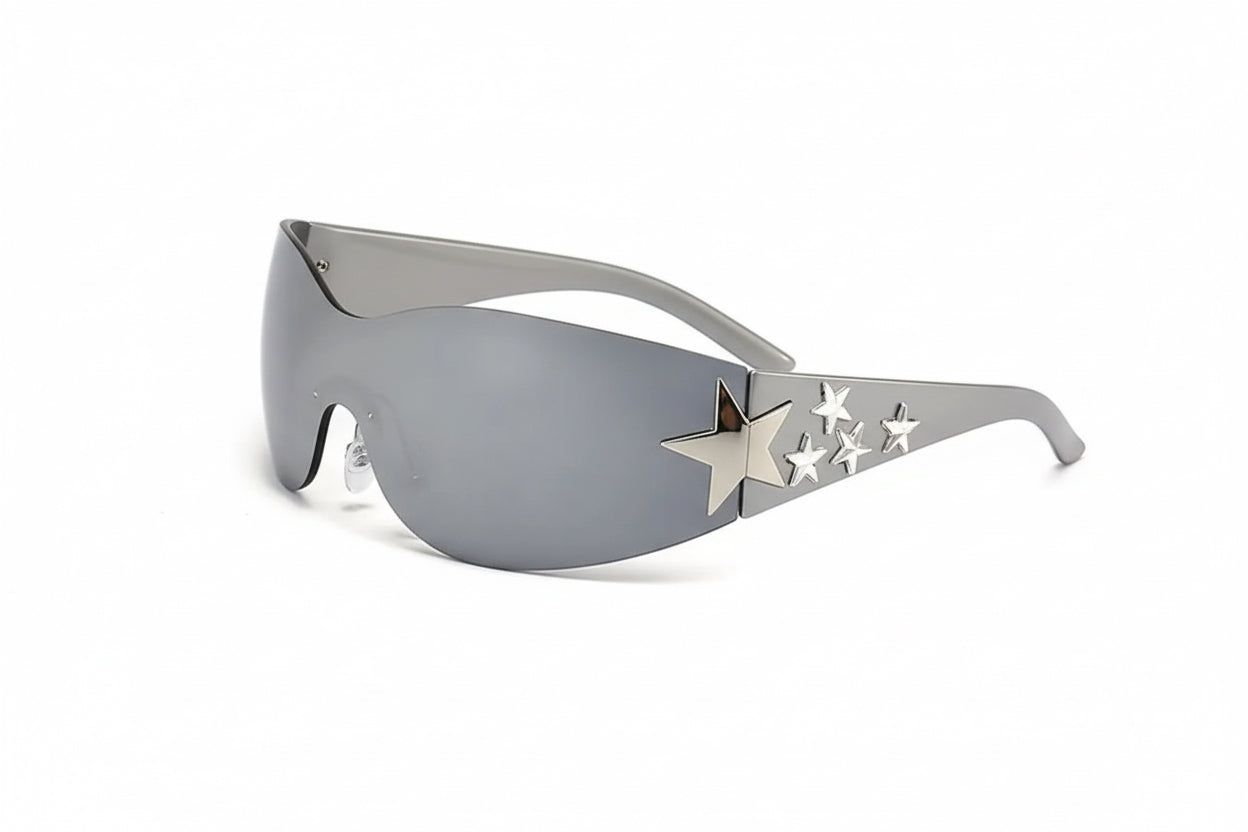 Rimless Y2K Sunglasses for Women and Men Star Wrap around Sun Glasses Trendy Cool Black Sunglasses Fashion Shades for Outdoor